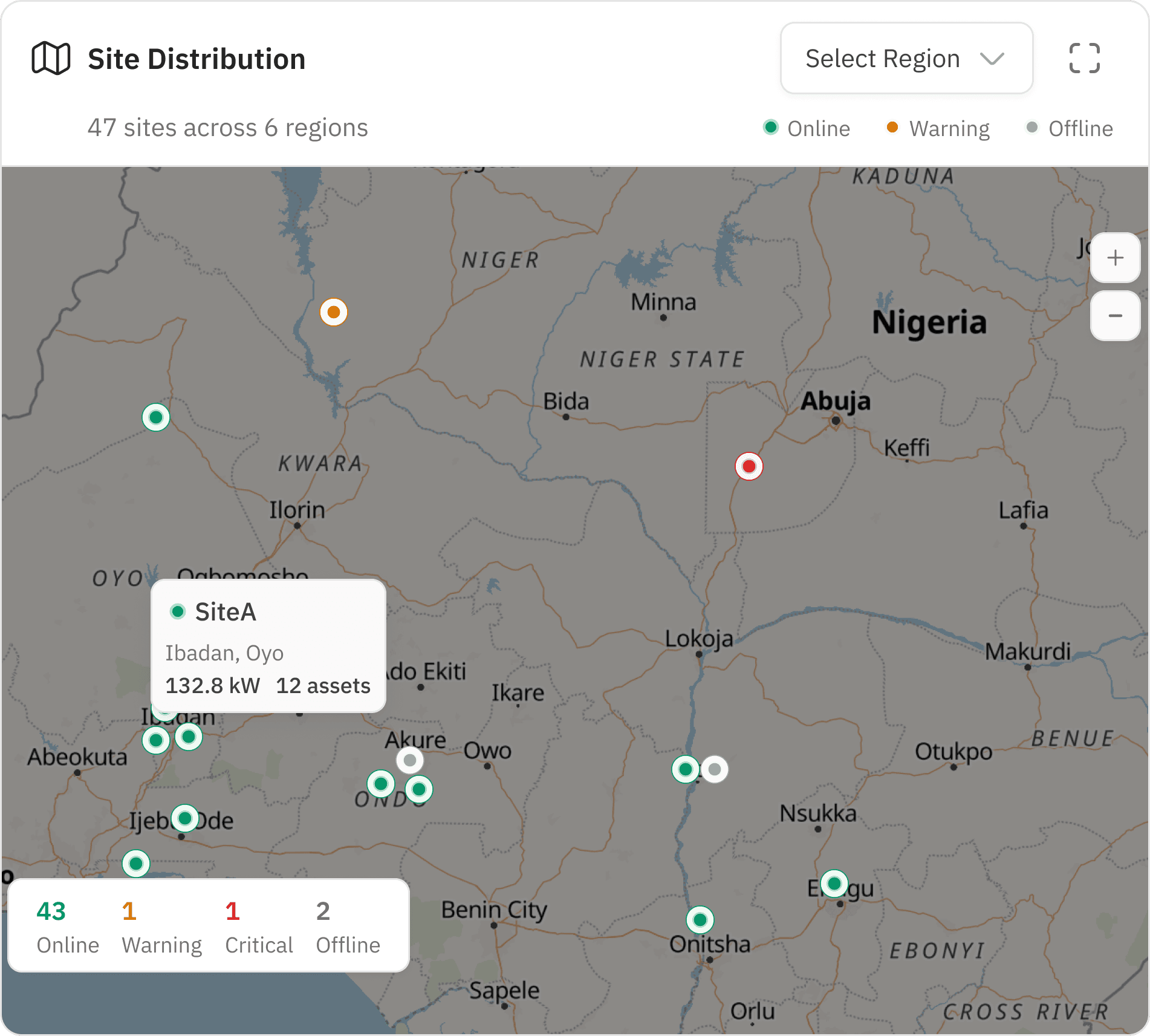 TerawattOS site distribution map tracking live status across 47 sites in 6 regions